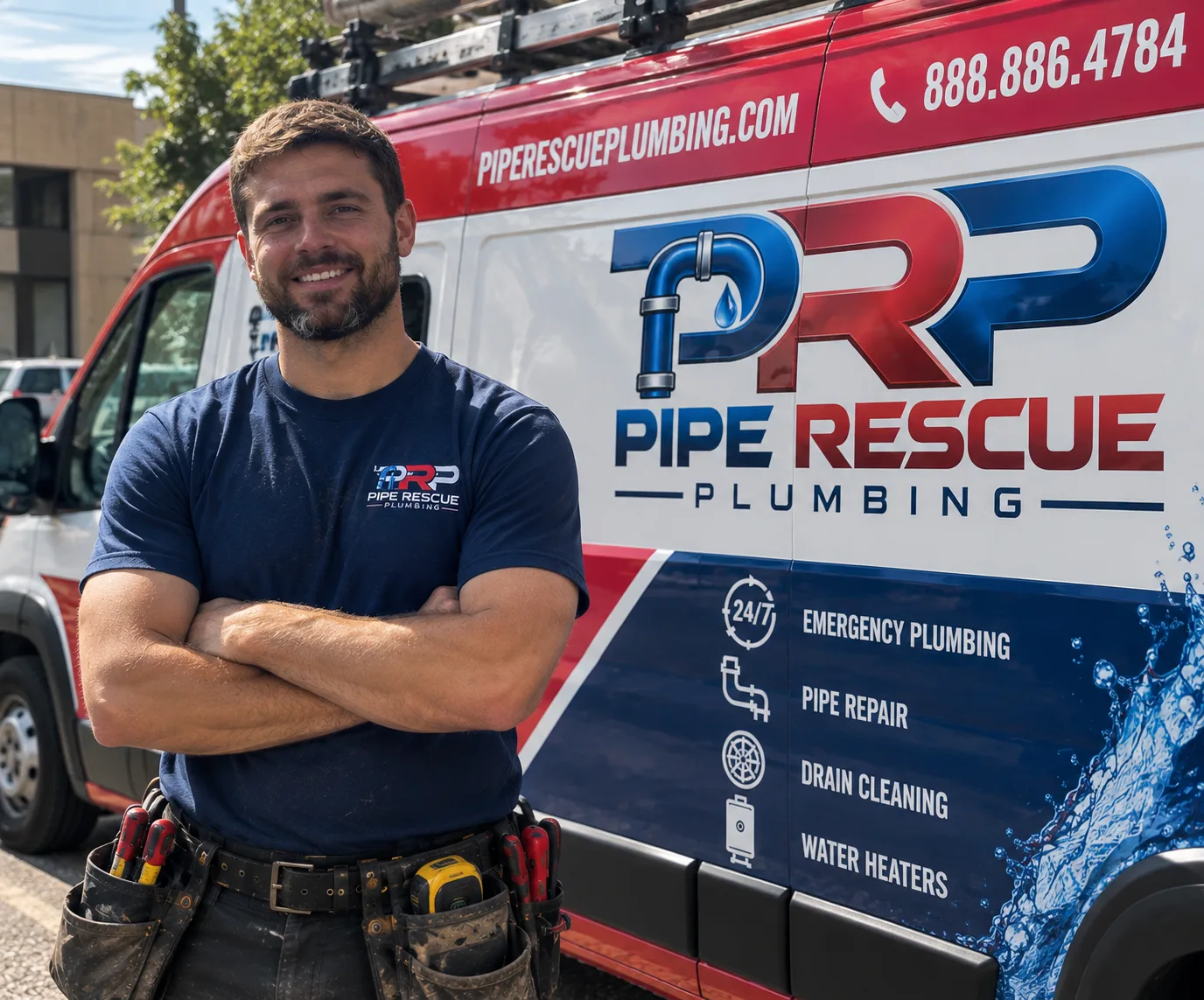 Pipe Rescue Plumbing technician beside the branded service van