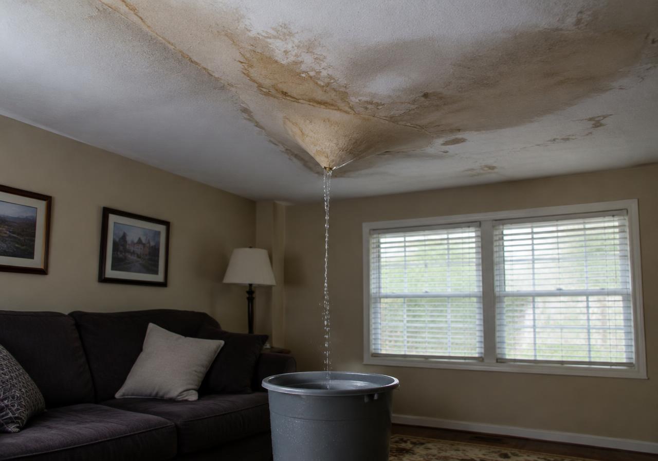 Water-stained ceiling dripping from a hidden leak