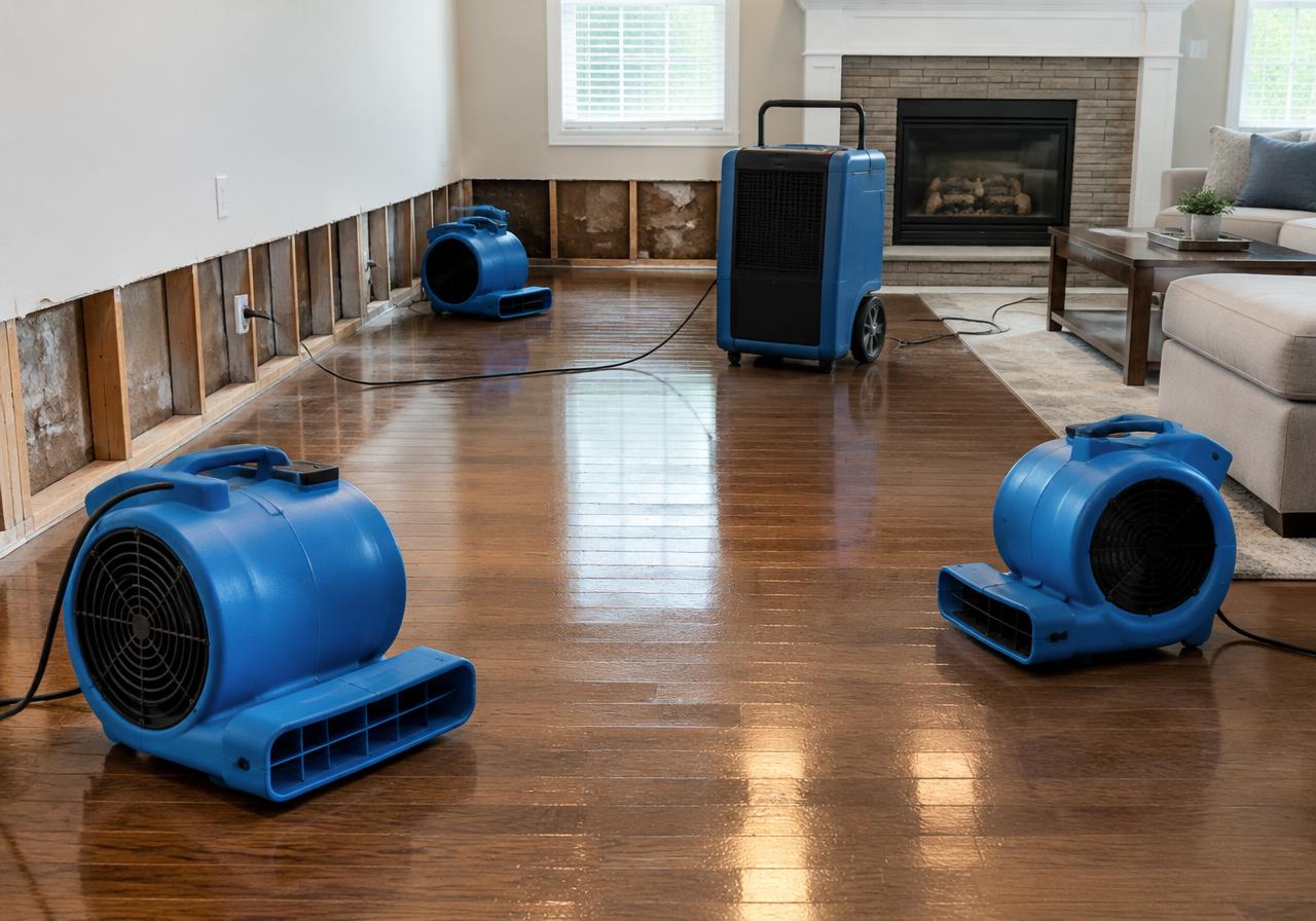 Drying equipment restoring a water-damaged living room